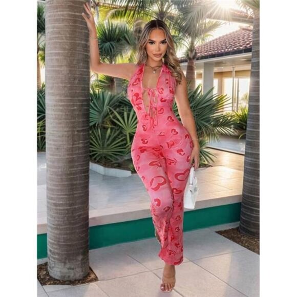 Summer Holiday Halter Neck Hollow Out Sexy Heart Print Pink Jumpsuit